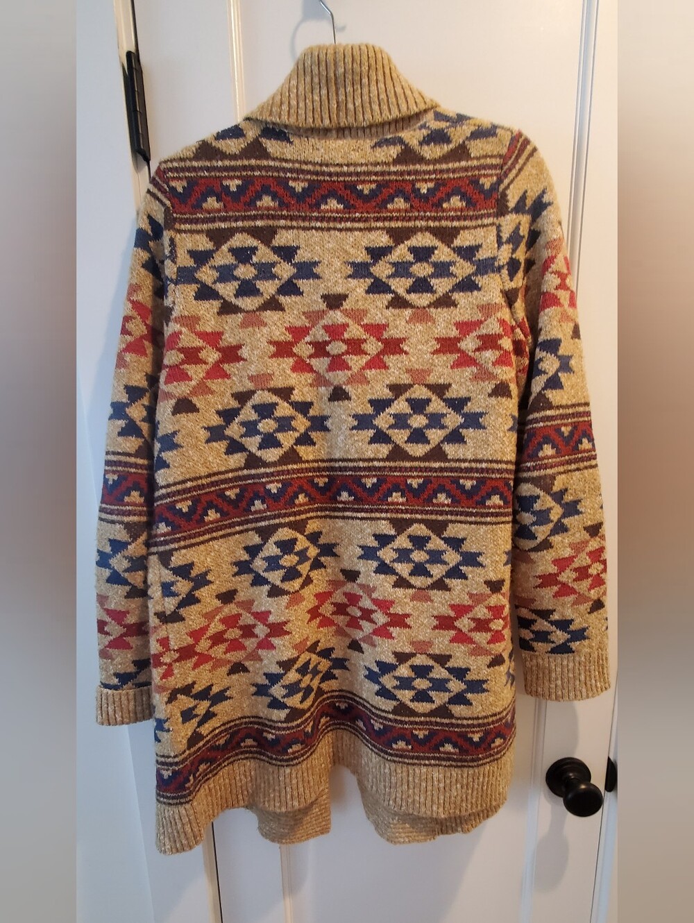 Lucky Brand Tan Shawl Collar Cardigan with Red & Blue Geometric Pattern - Picture 2 of 4
